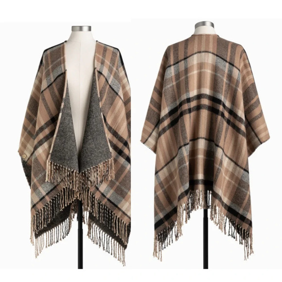 Reversible Plaid Camel and Black One Size Fits Most Acrylic Wrap Kimono Demdaco - Picture 1 of 5